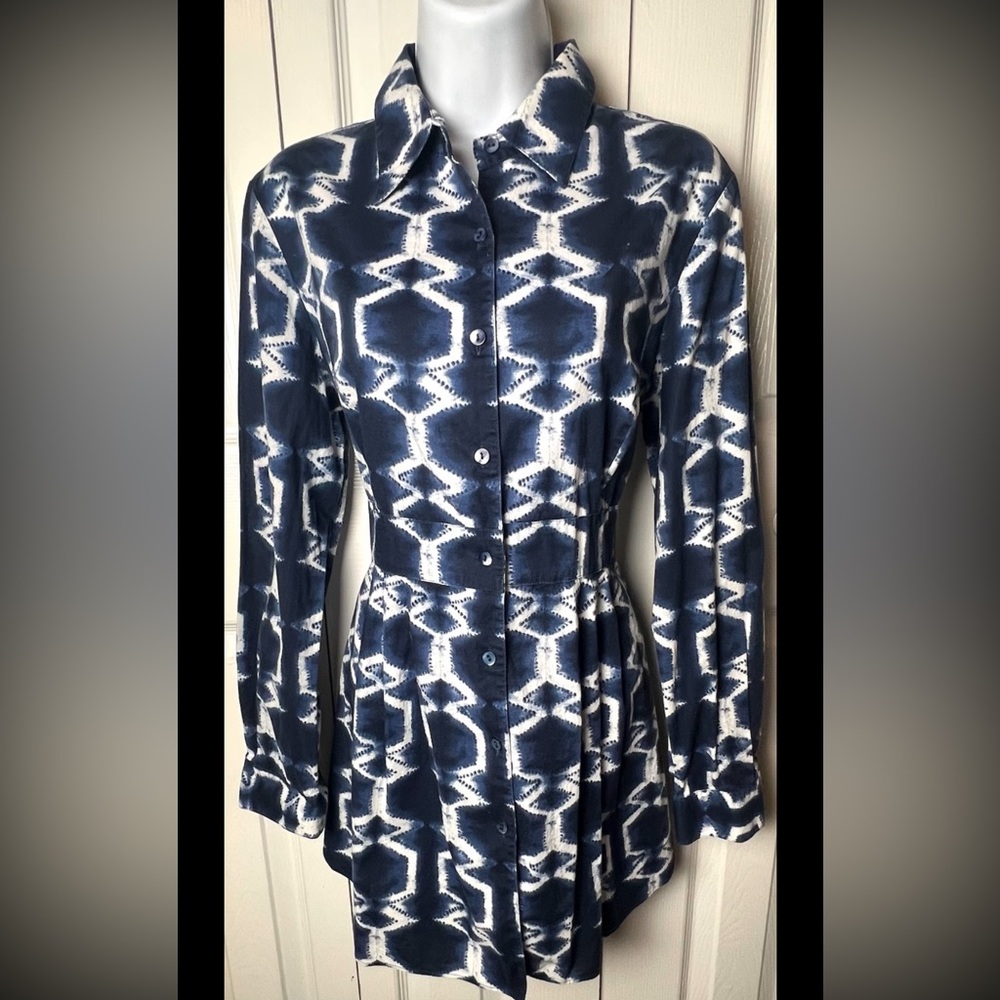 LAFAYETTE 148 Blouse Tunic Ikat Navy Blue White Button Down Long Sleeve - Picture 2 of 11